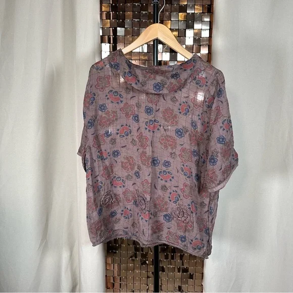 Vintage Purple, Maroon & Navy Checked Plaid & Floral Short Sleeve Sheer Blouse - Picture 1 of 9